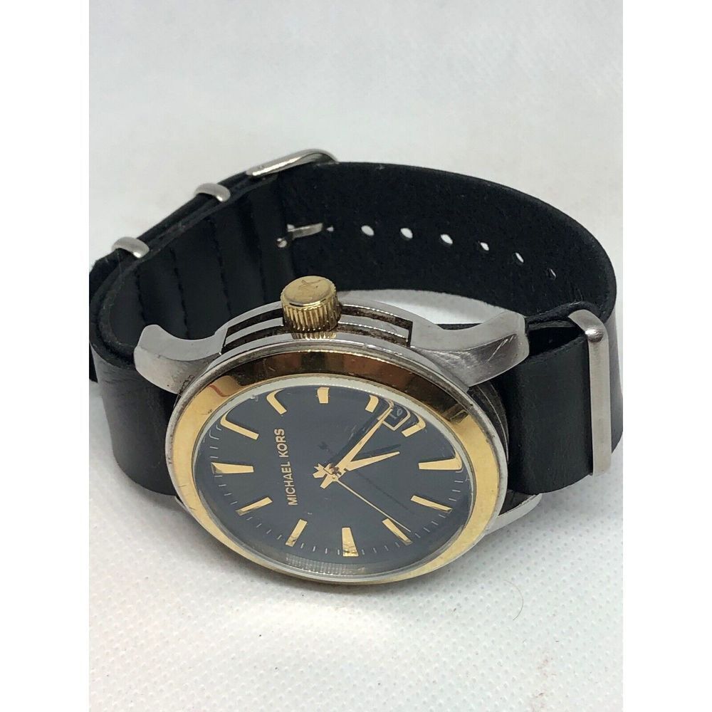 MICHAEL KORS MK7064 Men's Black Leather Analog Dial Watch With Custom Band HG77 - Picture 5 of 7